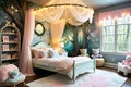 Enchanted Child\'s Bedroom: Canopy Bed Draped in Twinkling Fairy Lights, Walls Adorned with Murals of Whimsy