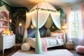 Enchanted Child\'s Bedroom: Canopy Bed Draped in Twinkling Fairy Lights, Walls Adorned with Murals of Whimsy Royalty Free Stock Photo