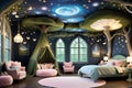 Enchanted Child\'s Bedroom with a Whimsical Forest Theme: Canopy Bed Entwined with Twinkling Fairy Lights