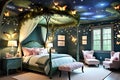 Enchanted Child\'s Bedroom with a Whimsical Forest Theme: Canopy Bed Entwined with Twinkling Fairy Lights Royalty Free Stock Photo