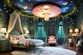 Enchanted Child\'s Bedroom with a Whimsical Forest Theme: Canopy Bed Entwined with Twinkling Fairy Lights Royalty Free Stock Photo