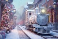 Enchanted Christmas train in winter town with Christmas tree, pastel tones