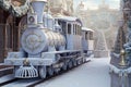 Enchanted Christmas train in winter town with Christmas tree
