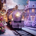 Enchanted Christmas train in winter town with Christmas tree