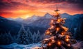 Enchanted Christmas tree adorned with lights amidst a snowy landscape with majestic mountains under a fiery sunset sky