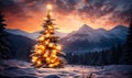 Enchanted Christmas tree adorned with lights amidst a snowy landscape with majestic mountains under a fiery sunset sky