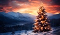 Enchanted Christmas tree adorned with lights amidst a snowy landscape with majestic mountains under a fiery sunset sky