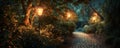 Enchanted cobblestone path in a lush garden at night Royalty Free Stock Photo
