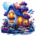 Enchanted Cottage Illustration with Flowers and Stone Pathway Royalty Free Stock Photo