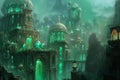 Enchanted Crystal Metropolis: Ethereal Green Glow of a Fantastical City