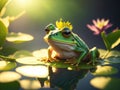 Enchanted Cute Frog with crown on Lilly Pad. ai generative