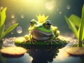 Enchanted Cute Frog with crown on Lilly Pad. ai generative