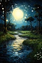 Enchanted Dreams: A Serene Night by the Sparkling Forest Stream Royalty Free Stock Photo