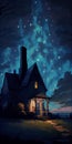 Enchanted Dreams: A Stunning Drawing of a Common Spring Evening with a Deep Blue Starry Sky and Android House