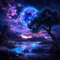 Enchanted Dreamscape: Vibrant, Surreal Landscape with Twisted Trees, Glowing Rocks, and Luminous Waters, Featuring Float Royalty Free Stock Photo