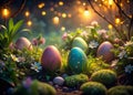 Enchanted Easter Egg Hunt Glowing Eggs Sparkle in a Dark Garden Underneath a Starry Sky Perfect for a Royalty Free Stock Photo