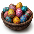 Enchanted easter: intricately painted eggs nestled in a carved wooden bowl. Generative AI