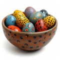 Enchanted easter: intricately painted eggs nestled in a carved wooden bowl. Generative AI