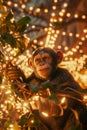 Enchanted Evening Amongst Twinkling Lights A Young Chimpanzee Curiously Exploring Illuminated Foliage