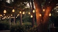 Enchanted Evening: Decorative String Lights Adorning Garden Trees. Generative ai