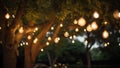 Enchanted Evening: Decorative String Lights Adorning Garden Trees. Generative ai