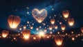 Enchanted Evening Heart Lanterns Lighting Up the Night Sky Royalty Free Stock Photo