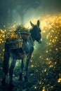 Enchanted Evening Scene with Donkey Carrying Wicker Baskets Amidst Golden Glowing Lights in Mystical Forest Setting