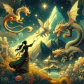 Enchanted Evening: A Young Dragon Tamer's Twilight Dance. AI-generated