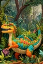 An enchanted exotics dinosaur with 3D embroidered pattern, in mythical forest, with tree, plant, nestled in lush, digital painting