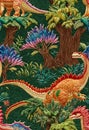 Enchanted exotics dinosaurs, in a mythical forest, embroidered pattern, fantasy art, digital painting, animal creatures