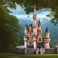 1229 Enchanted Fairy Tale Castle: A magical and enchanting background featuring an enchanted fairy tale castle with turrets, tow