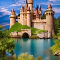 1229 Enchanted Fairy Tale Castle: A magical and enchanting background featuring an enchanted fairy tale castle with turrets, tow