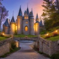 1229 Enchanted Fairy Tale Castle: A magical and enchanting background featuring an enchanted fairy tale castle with turrets, tow