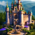 1229 Enchanted Fairy Tale Castle: A magical and enchanting background featuring an enchanted fairy tale castle with turrets, tow