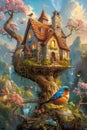 Enchanted Fairytale Cottage Nestled on Blossoming Tree Branch with a Vibrant Bluebird, Magical Nature Fantasy Scene Royalty Free Stock Photo
