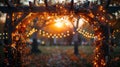 enchanted fall wedding, the setting sun casting a warm glow on a charming wedding arch adorned with autumn branches and Royalty Free Stock Photo