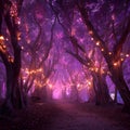 Enchanted Fantasy Forest Path Illuminated with Magical Purple Lights and Glowing Trees at Night Royalty Free Stock Photo