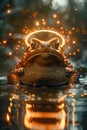 Enchanted Fantasy Toad with Glowing Halo in Mystical Forest Pond at Twilight Royalty Free Stock Photo