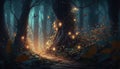 Enchanted Forest AI Generated Dream of a Novel Forest Path in a Fairy Kingdom with Floral Fireflies Glow - A Breathtaking Display