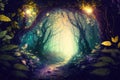 Enchanted Forest Arch Passage Tunnel with Glittering Leaves Generative AI