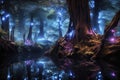 Enchanted Forest with Bioluminescent Trees and Mystical River Royalty Free Stock Photo