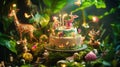 Enchanted Forest Birthday Cake with Animal Figurines Royalty Free Stock Photo