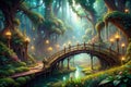 Enchanted forest bridge bathed in light, mystical pathway Royalty Free Stock Photo
