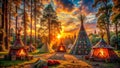 Enchanted forest campsite at sunset with colorful tipis and bonfires. Generative AI Royalty Free Stock Photo
