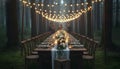 Enchanted Forest Dinner Party Setup with String Lights Royalty Free Stock Photo