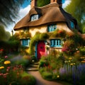 Enchanted Forest Dwelling: Illustration of a Fairytale Princess\'s Cottage in the Woods Royalty Free Stock Photo