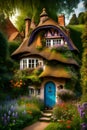 Enchanted Forest Dwelling: Illustration of a Fairytale Princess\'s Cottage in the Woods Royalty Free Stock Photo