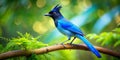 Enchanted Forest Encounter A TiltShift Perspective of a LongCrested Jay Perched on a Miniature Branch Royalty Free Stock Photo