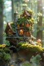 Enchanted Forest Fairy Tale Miniature Tree House in Magical Woods with Sunbeams Royalty Free Stock Photo