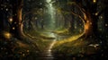 Enchanted forest with fireflies and a river created with Generative AI Royalty Free Stock Photo